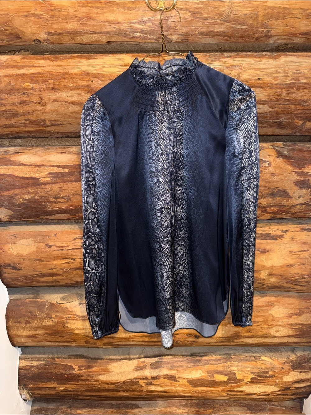 Women’s Navy Snake-Print Long-Sleeve Silk Ellie Tahari NWT Blouse